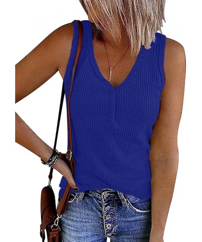 Womens Ribbed Knit Tank Tops V Neck Sleeveless & Petal Sleeve Shirts S-2XL 01/Royal Blue $9.89 Tops