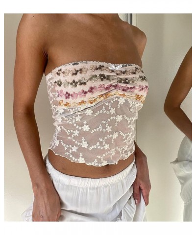 Women Y2k Strapless Tube Tops Floral Lace Sheer Mesh Crop Top Sexy Fairy Camisole Bustier Bandeau Streetwear 04 White $5.79 T...