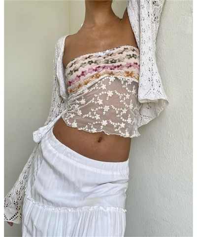 Women Y2k Strapless Tube Tops Floral Lace Sheer Mesh Crop Top Sexy Fairy Camisole Bustier Bandeau Streetwear 04 White $5.79 T...