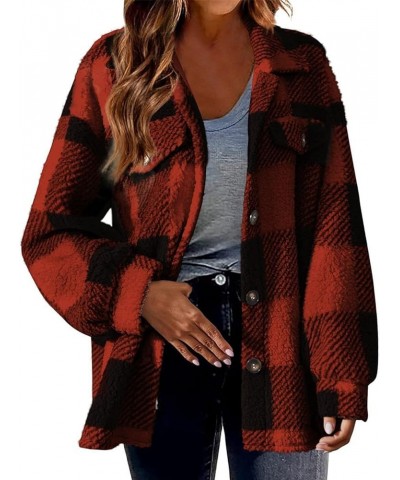 Womens Long Plaid Shacket Jacket Button Down Long Sleeve Lapel Collar Trench Coat Fashion Retro Loose Fit Outerwear Z07-red $...