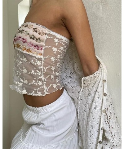 Women Y2k Strapless Tube Tops Floral Lace Sheer Mesh Crop Top Sexy Fairy Camisole Bustier Bandeau Streetwear 04 White $5.79 T...