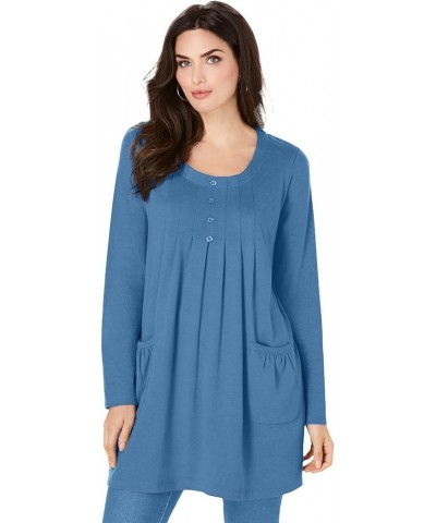 Women's Plus Size Long-Sleeve Two-Pocket Soft Knit Tunic Shirt Dusty Indigo $17.48 Tops