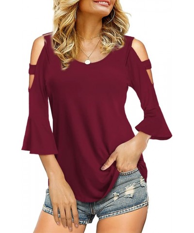 Womens Cold Shoulder Top Basic T Shirts 3/4 Sleeve Casual Blouse Tshirts Burgundy $14.56 Blouses