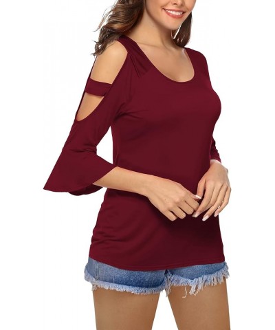 Womens Cold Shoulder Top Basic T Shirts 3/4 Sleeve Casual Blouse Tshirts Burgundy $14.56 Blouses