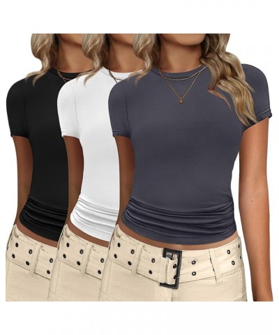 3 Pcs Women's Basic Crop Tops Short Sleeve Y2K T Shirts Women Casual Round Neck Tee Shirts Casual Crew Neck Crop Tops Black, ...