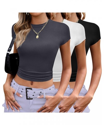 3 Pcs Women's Basic Crop Tops Short Sleeve Y2K T Shirts Women Casual Round Neck Tee Shirts Casual Crew Neck Crop Tops Black, ...