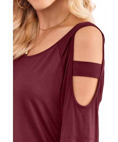 Womens Cold Shoulder Top Basic T Shirts 3/4 Sleeve Casual Blouse Tshirts Burgundy $14.56 Blouses