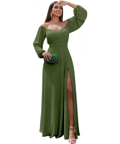 Women's Long Sleeve Bridesmaid Dresses with Slit A Line Off The Shoulder Chiffon Formal Evening Gown Olive Green $34.21 Dresses