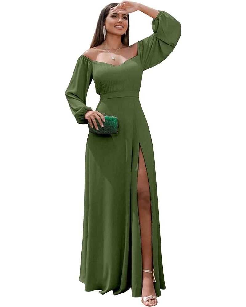 Women's Long Sleeve Bridesmaid Dresses with Slit A Line Off The Shoulder Chiffon Formal Evening Gown Olive Green $34.21 Dresses