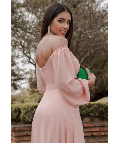 Women's Long Sleeve Bridesmaid Dresses with Slit A Line Off The Shoulder Chiffon Formal Evening Gown Olive Green $34.21 Dresses