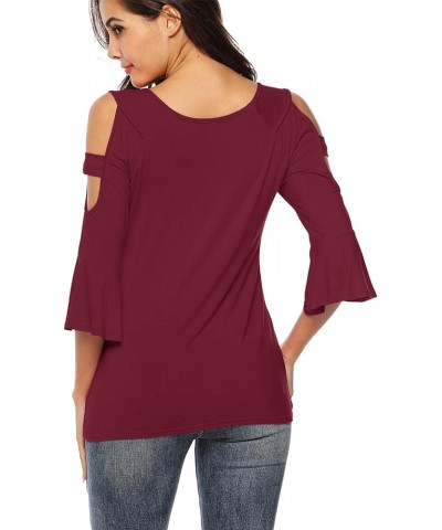 Womens Cold Shoulder Top Basic T Shirts 3/4 Sleeve Casual Blouse Tshirts Burgundy $14.56 Blouses