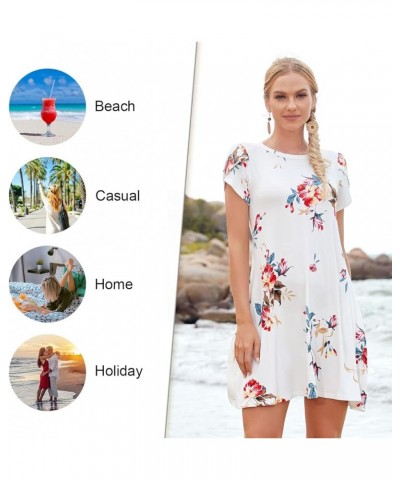 2024 Womens Summer Short Sleeve Dresses Casual Loose Crewneck Dress Swing Comfy Beach Sundress with Pockets White Peony $16.8...