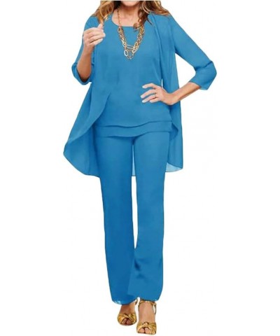 3 PC Chiffon Mother of The Bride Pants Suits Wedding Guest Outfit Formal Evening Dress Wedding Party Outfit Blue $39.20 Suits