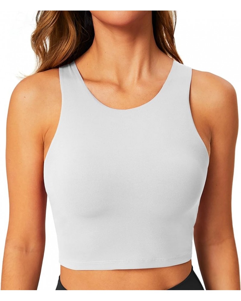 Longline Sports Bra High Neck Crop Top with Built in Bra Racerback Tank Tops Removable Padded Yoga Tops White $14.52 Lingerie