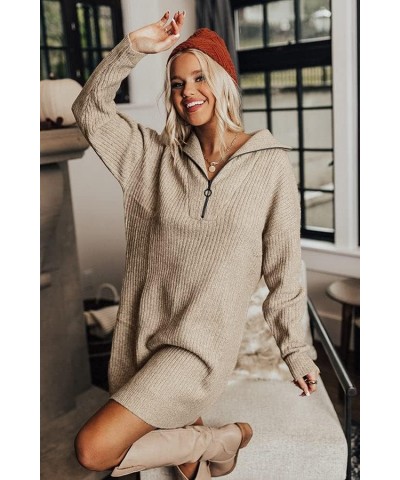 Women's Casual Zip Up Lantern Long Sleeve Knit Sweater Dress Foldover Collar Loose Ribbed Pullover Jumper Sweaters Light Khak...