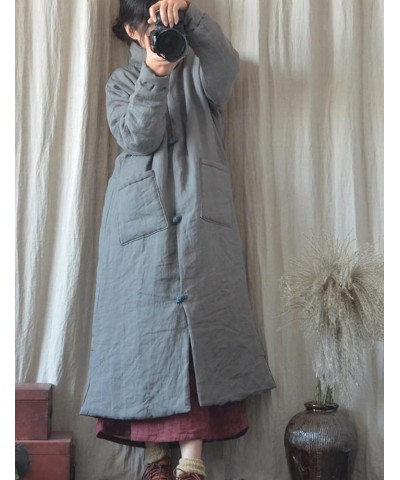 Women Winter Long Coat Quilted Jacket Thicken Padding Retro Mandarin Collar Button Down Outwear Grey $45.35 Jackets