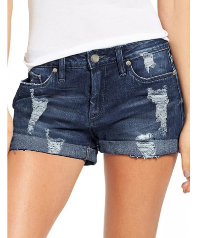 Women's Ripped Denim Jean Shorts High Waisted Stretchy Folded Hem Short Jeans A2 Deep River Blue $16.45 Shorts