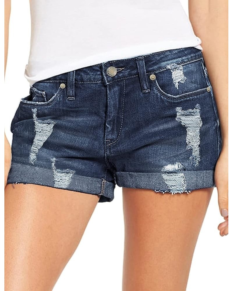 Women's Ripped Denim Jean Shorts High Waisted Stretchy Folded Hem Short Jeans A2 Deep River Blue $16.45 Shorts