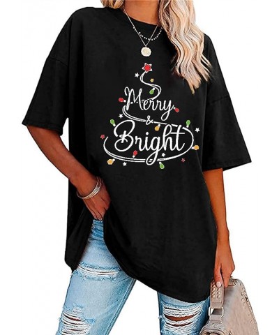 Merry and Bright Shirt Women Christmas Oversize Shirt Lights Print T-Shirts Short Sleeve Xmas Crewneck Tops Tee Black $11.33 ...