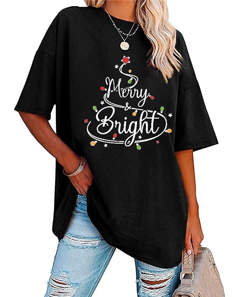 Merry and Bright Shirt Women Christmas Oversize Shirt Lights Print T-Shirts Short Sleeve Xmas Crewneck Tops Tee Black $11.33 ...