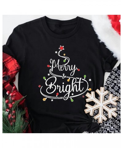 Merry and Bright Shirt Women Christmas Oversize Shirt Lights Print T-Shirts Short Sleeve Xmas Crewneck Tops Tee Black $11.33 ...