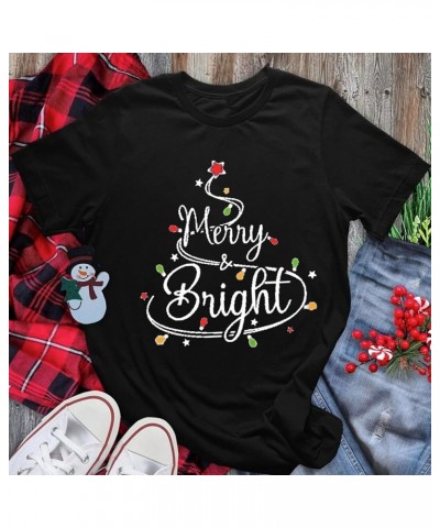 Merry and Bright Shirt Women Christmas Oversize Shirt Lights Print T-Shirts Short Sleeve Xmas Crewneck Tops Tee Black $11.33 ...