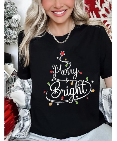 Merry and Bright Shirt Women Christmas Oversize Shirt Lights Print T-Shirts Short Sleeve Xmas Crewneck Tops Tee Black $11.33 ...