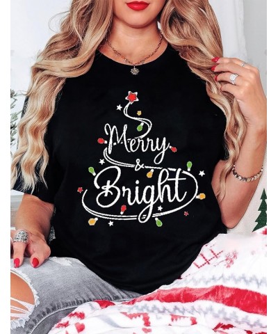 Merry and Bright Shirt Women Christmas Oversize Shirt Lights Print T-Shirts Short Sleeve Xmas Crewneck Tops Tee Black $11.33 ...