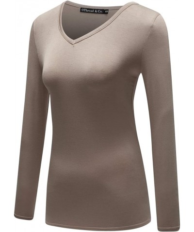 Women's Long Sleeve T-Shirt V-Neck Basic Layer Stretchy Shirts Khaki $10.05 T-Shirts