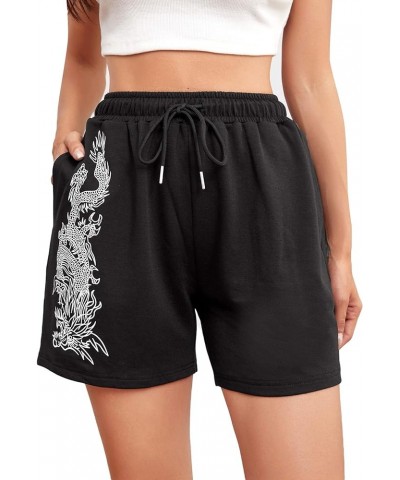 Women's Dragon Print Drawstring Waist Workout Track Shorts with Pocket Black $10.75 Activewear