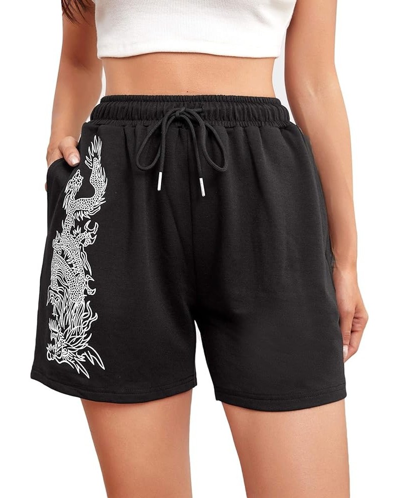 Women's Dragon Print Drawstring Waist Workout Track Shorts with Pocket Black $10.75 Activewear