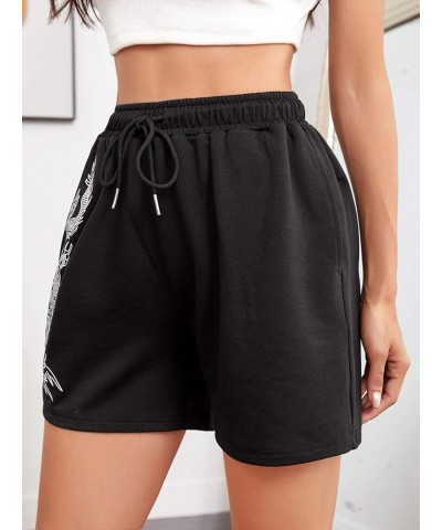 Women's Dragon Print Drawstring Waist Workout Track Shorts with Pocket Black $10.75 Activewear