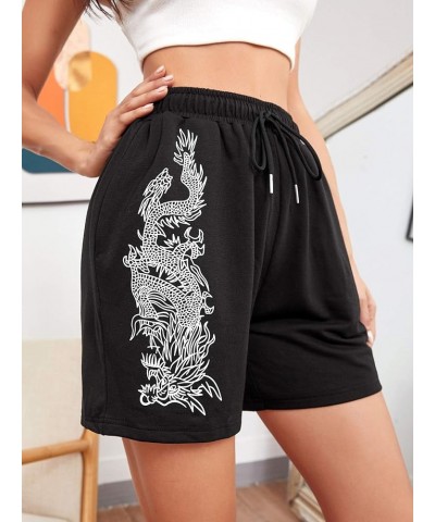 Women's Dragon Print Drawstring Waist Workout Track Shorts with Pocket Black $10.75 Activewear