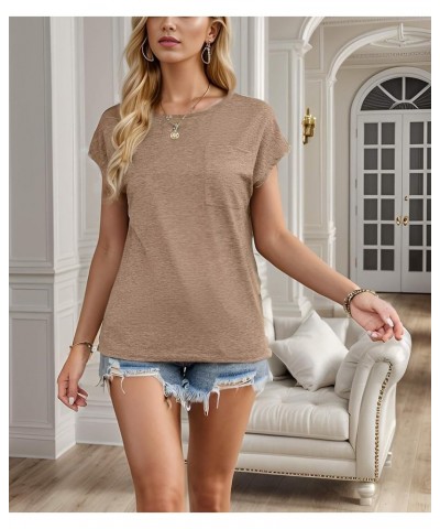 Women's Casual Short Sleeve Tops Summer Basic T Shirts Loose Fit Solid Color Blouse with Pocket Khaki $11.59 Tops