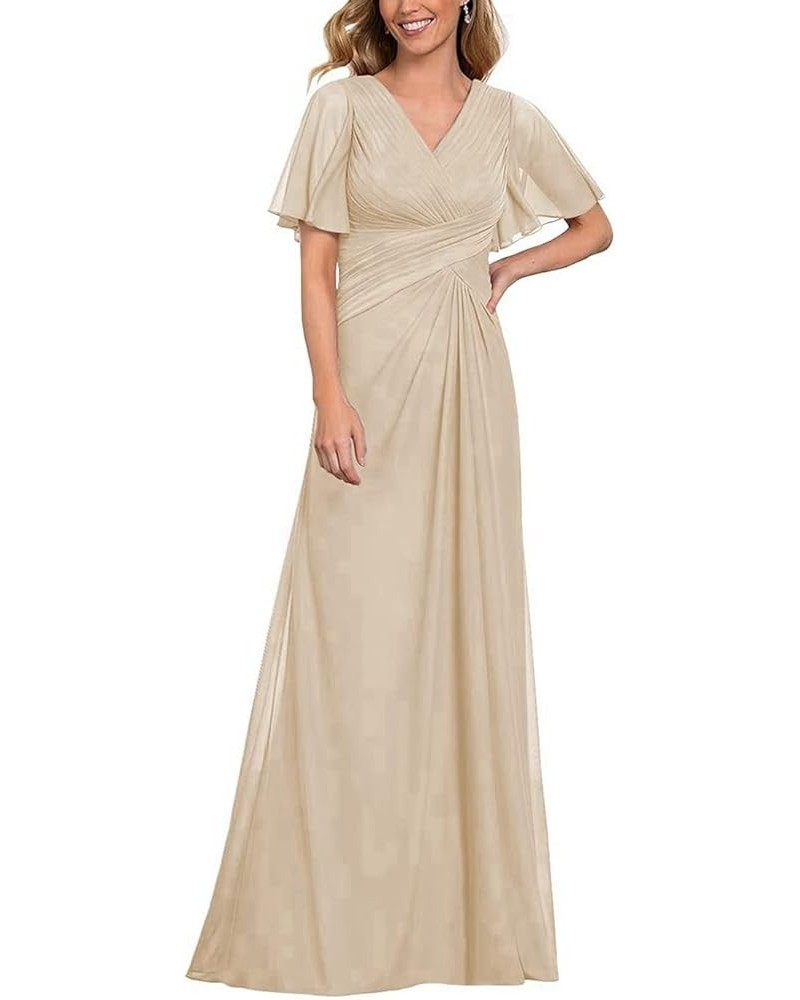 Mother of The Bride Dresses V Neck Ruffle Sleeves Ruched Pleated Chiffon Formal Evening Gowns Party Dress CA10 Champagne $26....