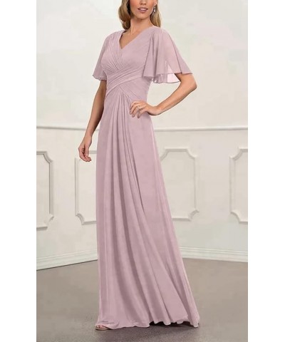 Mother of The Bride Dresses V Neck Ruffle Sleeves Ruched Pleated Chiffon Formal Evening Gowns Party Dress CA10 Champagne $26....