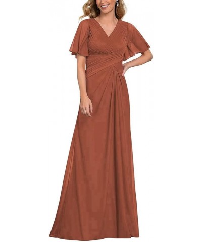 Mother of The Bride Dresses V Neck Ruffle Sleeves Ruched Pleated Chiffon Formal Evening Gowns Party Dress CA10 Champagne $26....