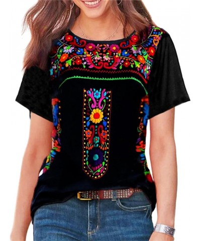 Womens Mexican Embroidered Tops Short Sleeve Fiesta Shirts Floral Peasant Blouses Black $19.43 Blouses