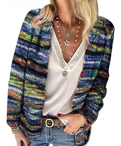 Women’s Rainbow Knitted Cardigan Sweater Multicolor Striped Long Sleeve Sweaters Outwear Blue $23.64 Sweaters