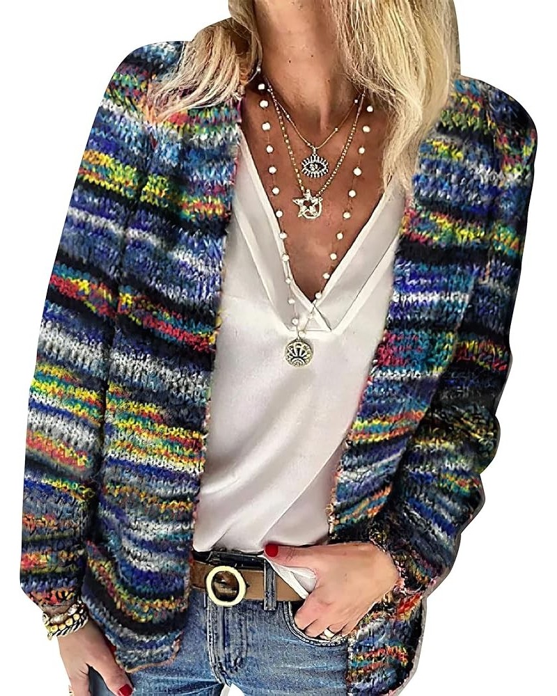 Women’s Rainbow Knitted Cardigan Sweater Multicolor Striped Long Sleeve Sweaters Outwear Blue $23.64 Sweaters