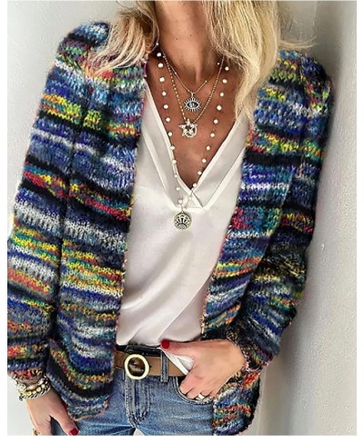 Women’s Rainbow Knitted Cardigan Sweater Multicolor Striped Long Sleeve Sweaters Outwear Blue $23.64 Sweaters