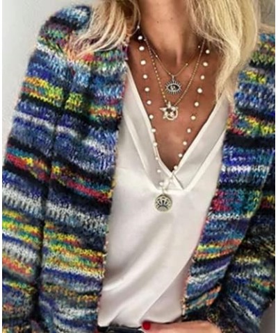 Women’s Rainbow Knitted Cardigan Sweater Multicolor Striped Long Sleeve Sweaters Outwear Blue $23.64 Sweaters