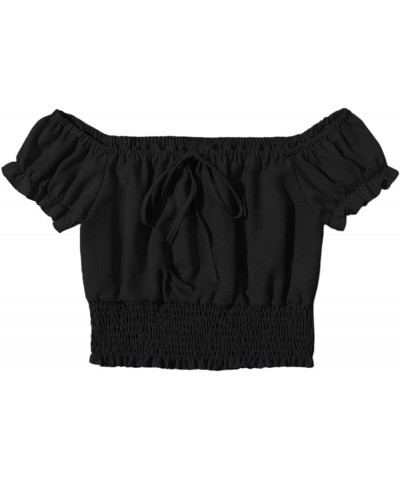 Women's Floral Print Off The Shoulder Tie Neck Blouse Crop Top Black Solid $14.57 Blouses