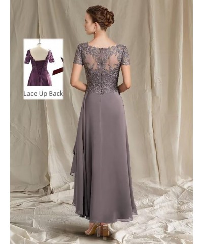 V Neck Mother of Bride Dresses for Wedding with Sleeves Tea Length Chiffon Lace Appliques Formal Evening Gown for Women Burnt...