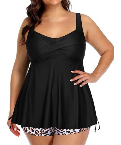 Women Plus Size Tankini Swimsuit Two Piece Flowy Swimdress Bathing Suits with Shorts Black Leopard $24.37 Swimsuits