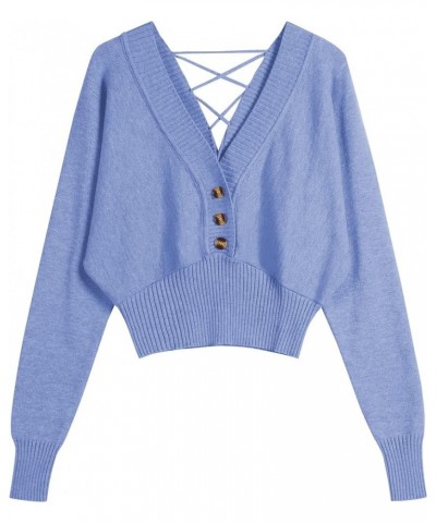 Women V Neck Button Knit Crop Sweaters Batwing Sleeve V Back Ribbed Hem Pullover Sweater A-light Blue $22.90 Sweaters