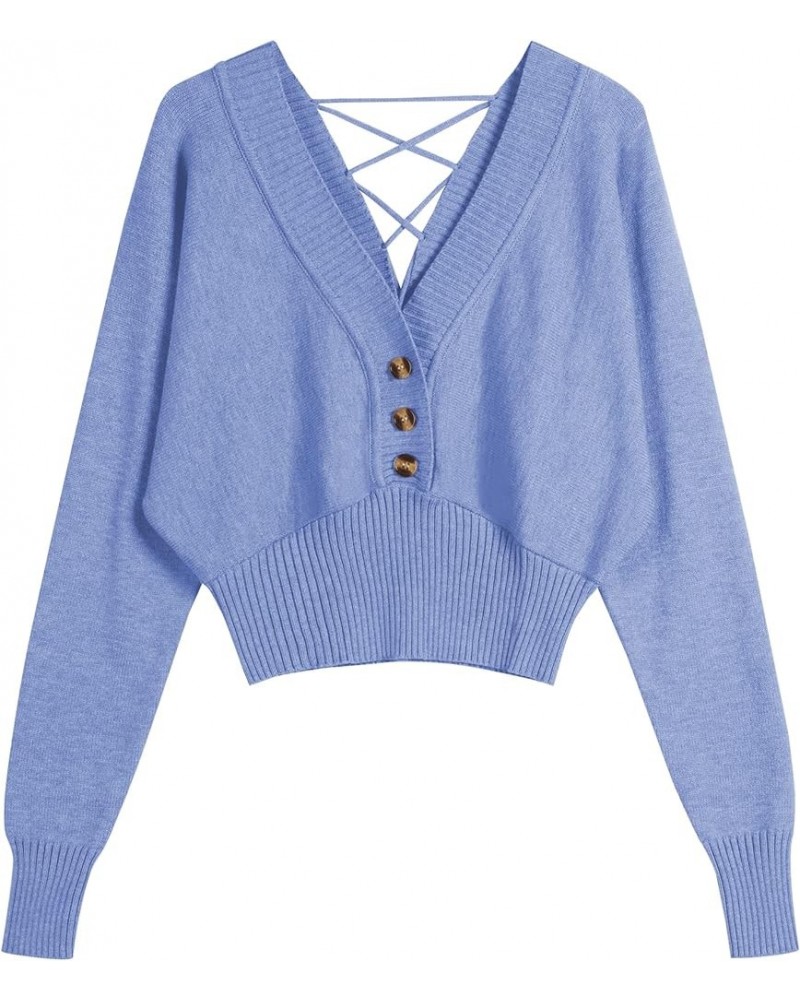 Women V Neck Button Knit Crop Sweaters Batwing Sleeve V Back Ribbed Hem Pullover Sweater A-light Blue $22.90 Sweaters