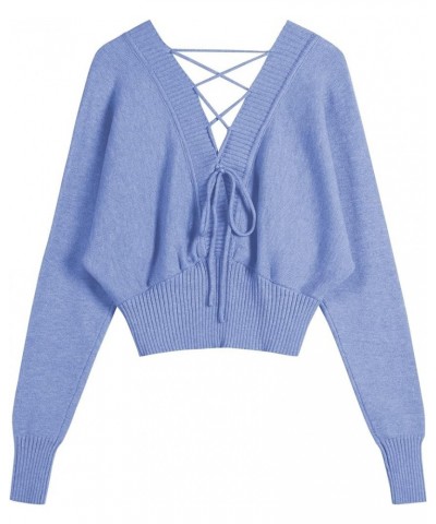 Women V Neck Button Knit Crop Sweaters Batwing Sleeve V Back Ribbed Hem Pullover Sweater A-light Blue $22.90 Sweaters