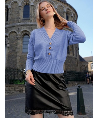 Women V Neck Button Knit Crop Sweaters Batwing Sleeve V Back Ribbed Hem Pullover Sweater A-light Blue $22.90 Sweaters