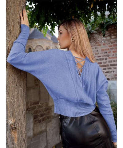 Women V Neck Button Knit Crop Sweaters Batwing Sleeve V Back Ribbed Hem Pullover Sweater A-light Blue $22.90 Sweaters